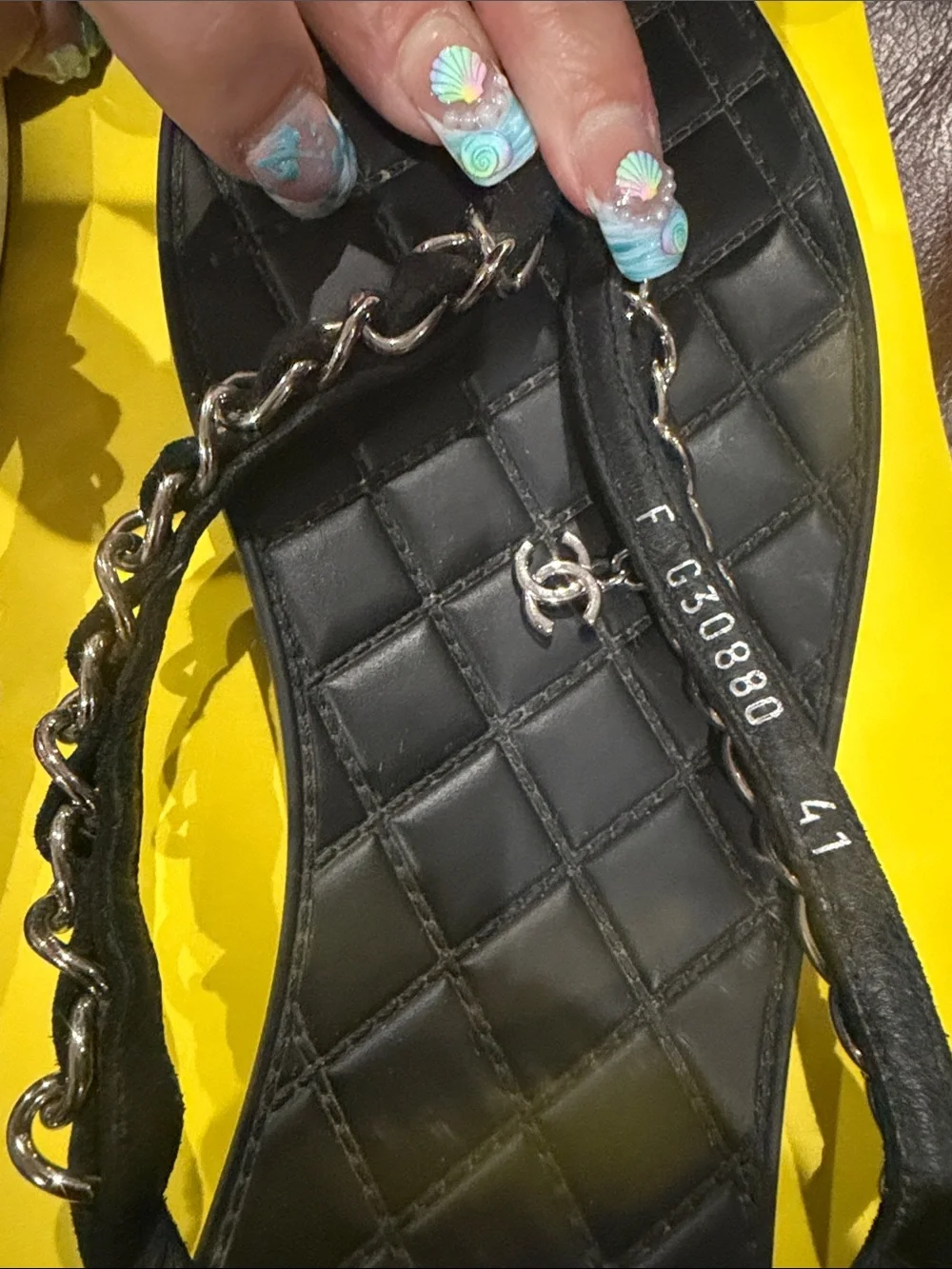 CHANEL Black Quilted Chain-Trim Thong Sandals